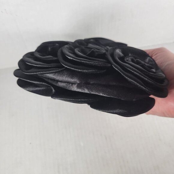 Black Satin Rose Classic Elegant Rhinestone Silver Handle Triangle Clutch Purse - Picture 8 of 8